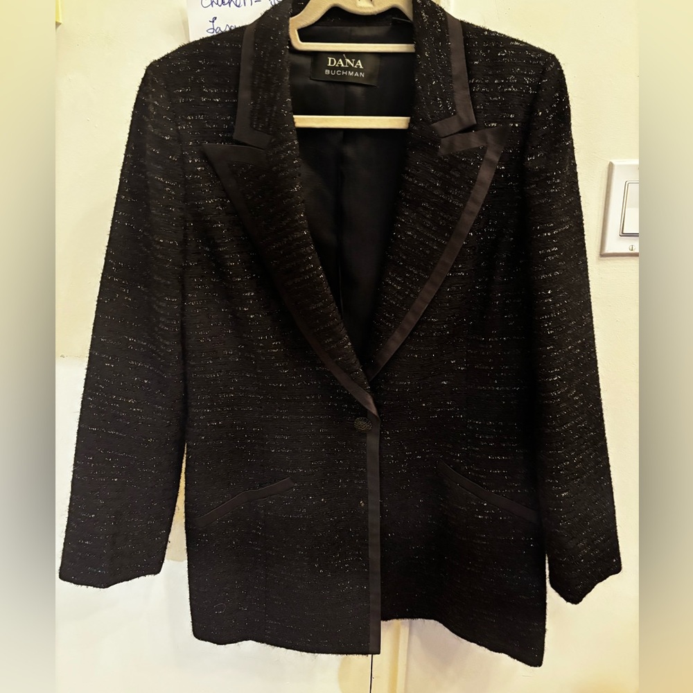 Dana Buchman Woman Black Wool Mohair Shimmer Blazer Jacket Satin Trim size 12